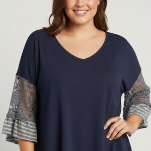 Navy Top with Lace and Striped Sleeves Size 22/24W Business Casual Leisure